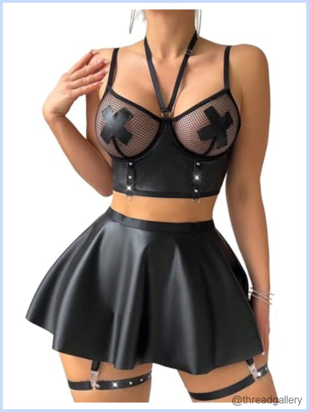 PU Leather Fishnet Flared Skirt Garter Lingerie Set 5pc